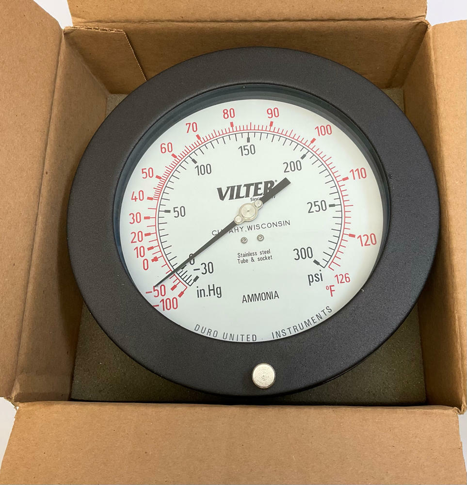 Vilter Duro United 1204K 6" Dial Ammonia Gauge 30-0-300 PSI SS Tube & Socket - Like New - 0