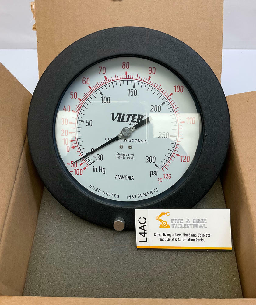 Vilter Duro United 1204K 6" Dial Ammonia Gauge 30-0-300 PSI SS Tube & Socket - Like New